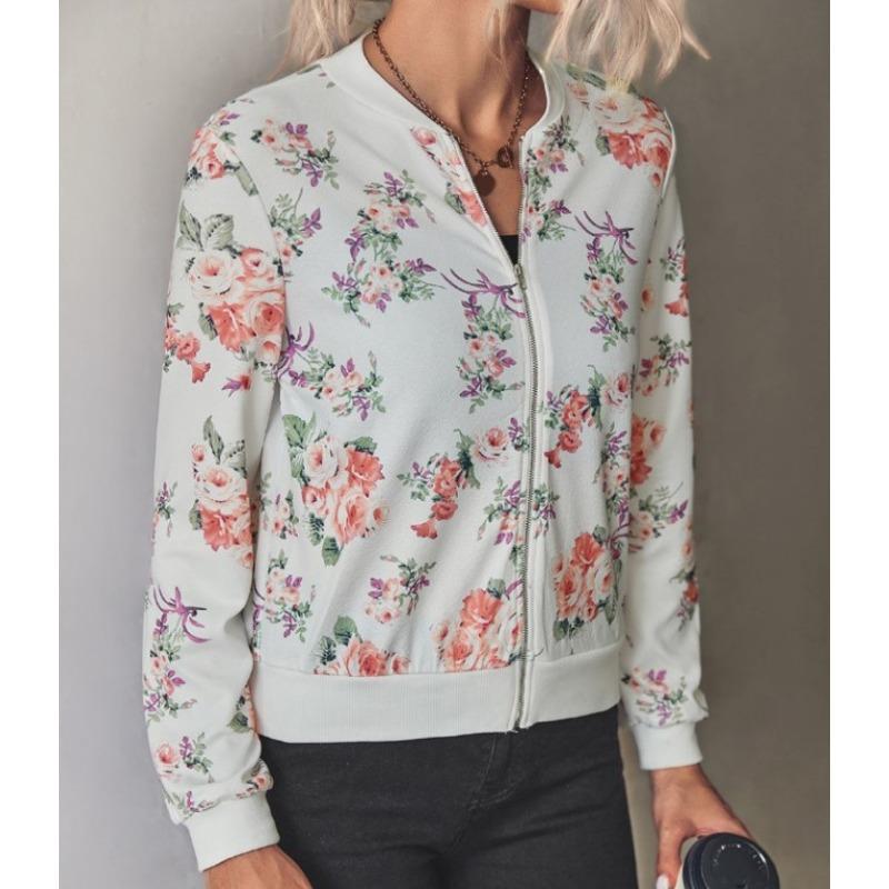 Übergröße Damen Herbstmode Bedruckte Rundhalsjacke mit Reißverschluss und langen Ärmeln