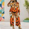 Women Plus Size Round Neck Long Sleeve Cartoon Ghost Printed Layered Top Wide Leg Cropped Pants Two Piece Set
