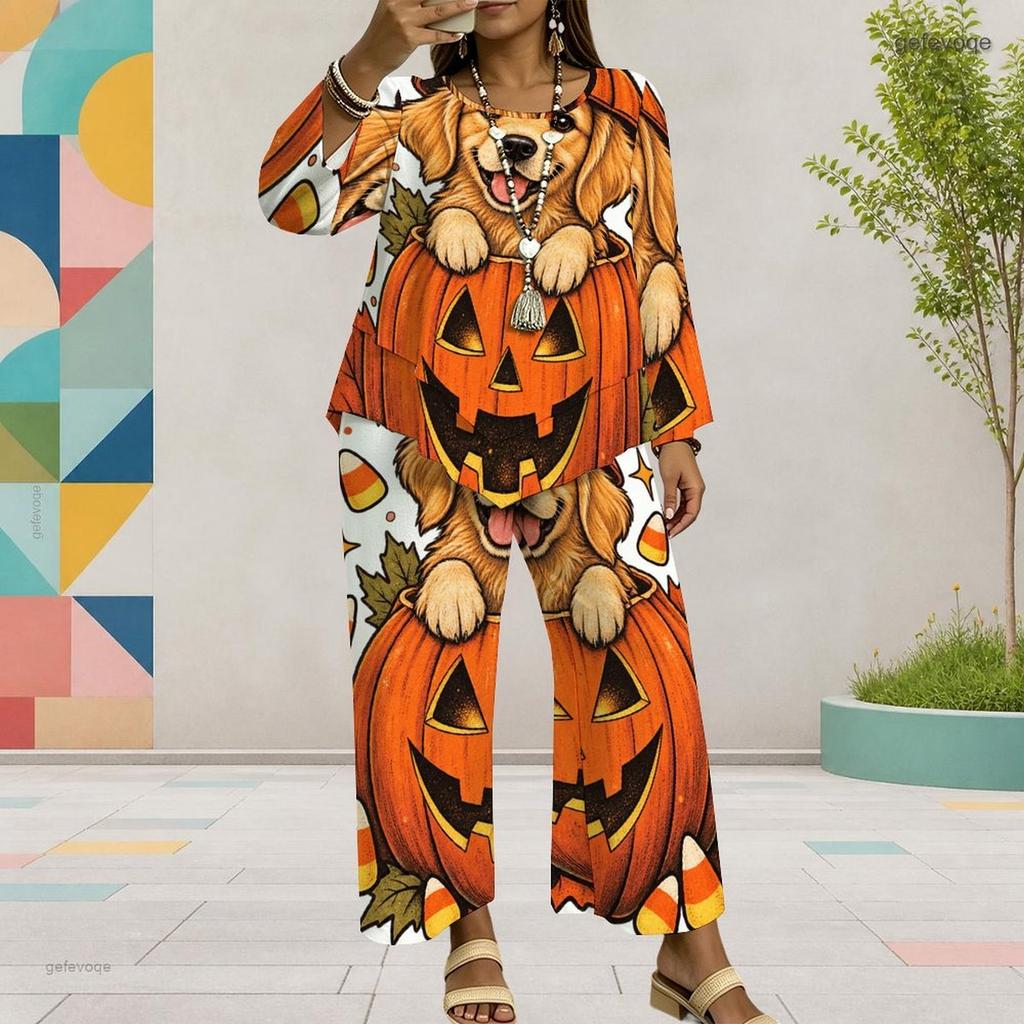 Women Plus Size Round Neck Long Sleeve Cartoon Ghost Printed Layered Top Wide Leg Cropped Pants Two Piece Set