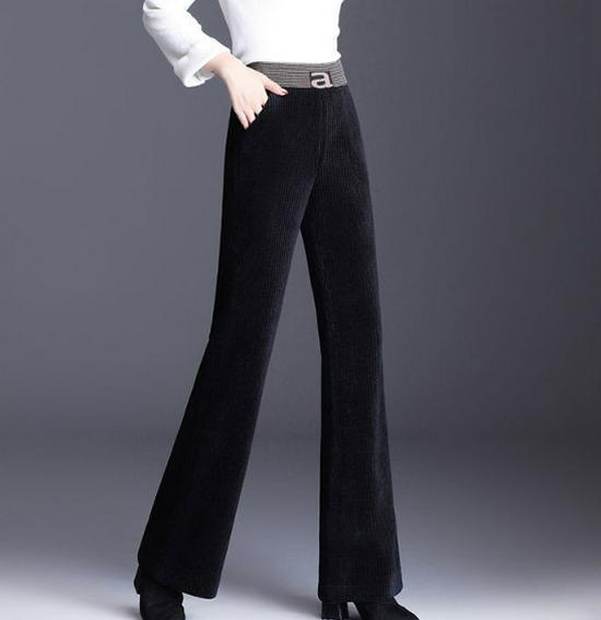 Dámské manšestrové kalhoty s vysokým pasem a širokými nohavicemi s fleecem - Pohodlné, volný střih pro podzim a zimu.