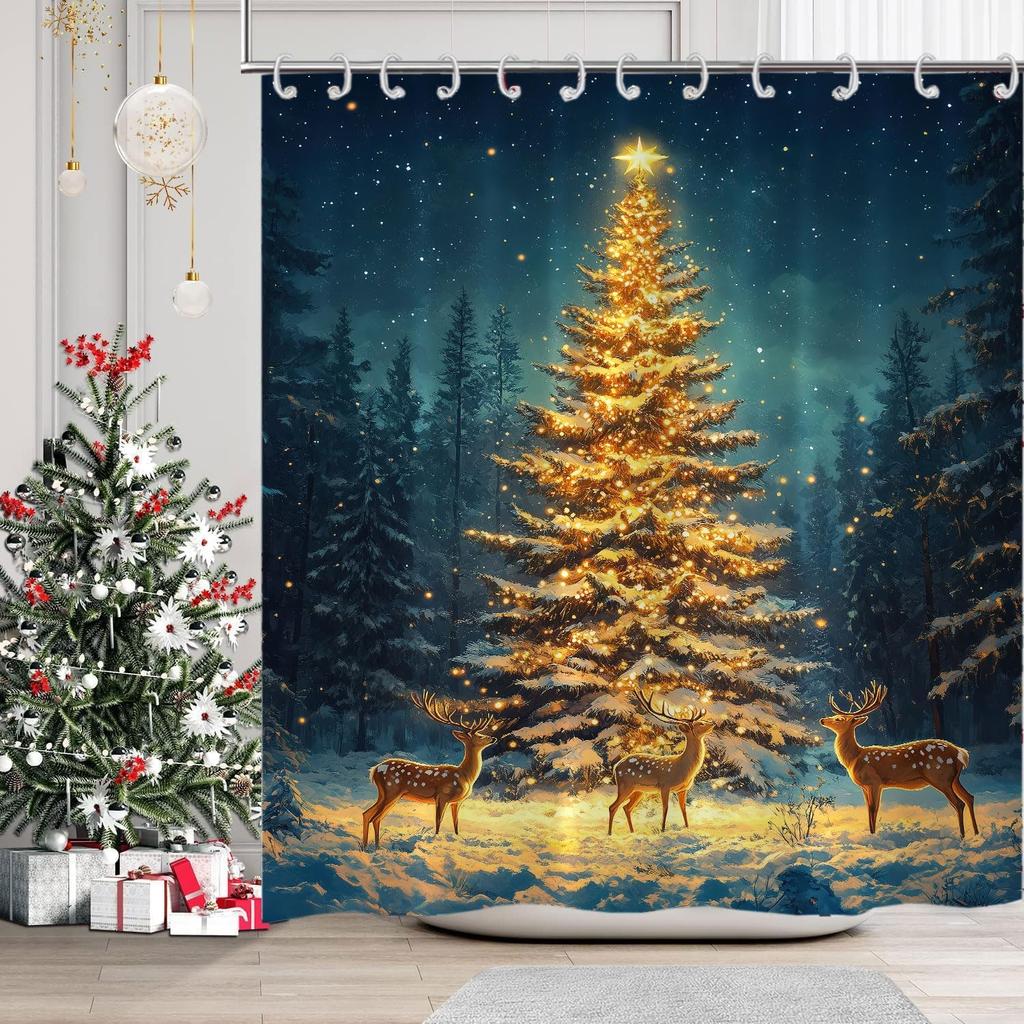 Christmas Shower Curtains Merry Xmas Green Christmas Tree Winter White Snow Gold Stars Red Scarf Bathroom Shower Curtain Xmas