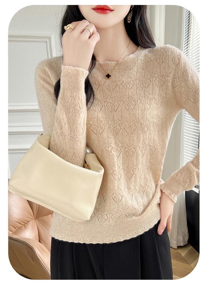 2024 Autumn/Winter Knit Wool Round Neck Hollow Out Slimming Loose Sweater