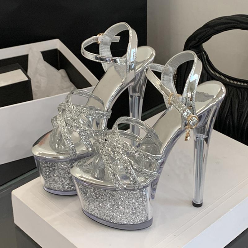 

Мода Liyke Мода Ремешок с пряжкой Босоножки на платформе Женские Золотые с пайетками Узкий ремешок Открытый носок 17СМ Прозрачные каблуки Свадебная банкетная обувь 35 серебряный