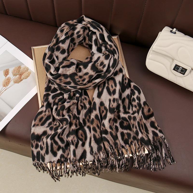 New Fashion Leopard Print Scarf Women's Winter Versatile Thickened Imitation Cashmere Shawl Dual-purpose Scarf