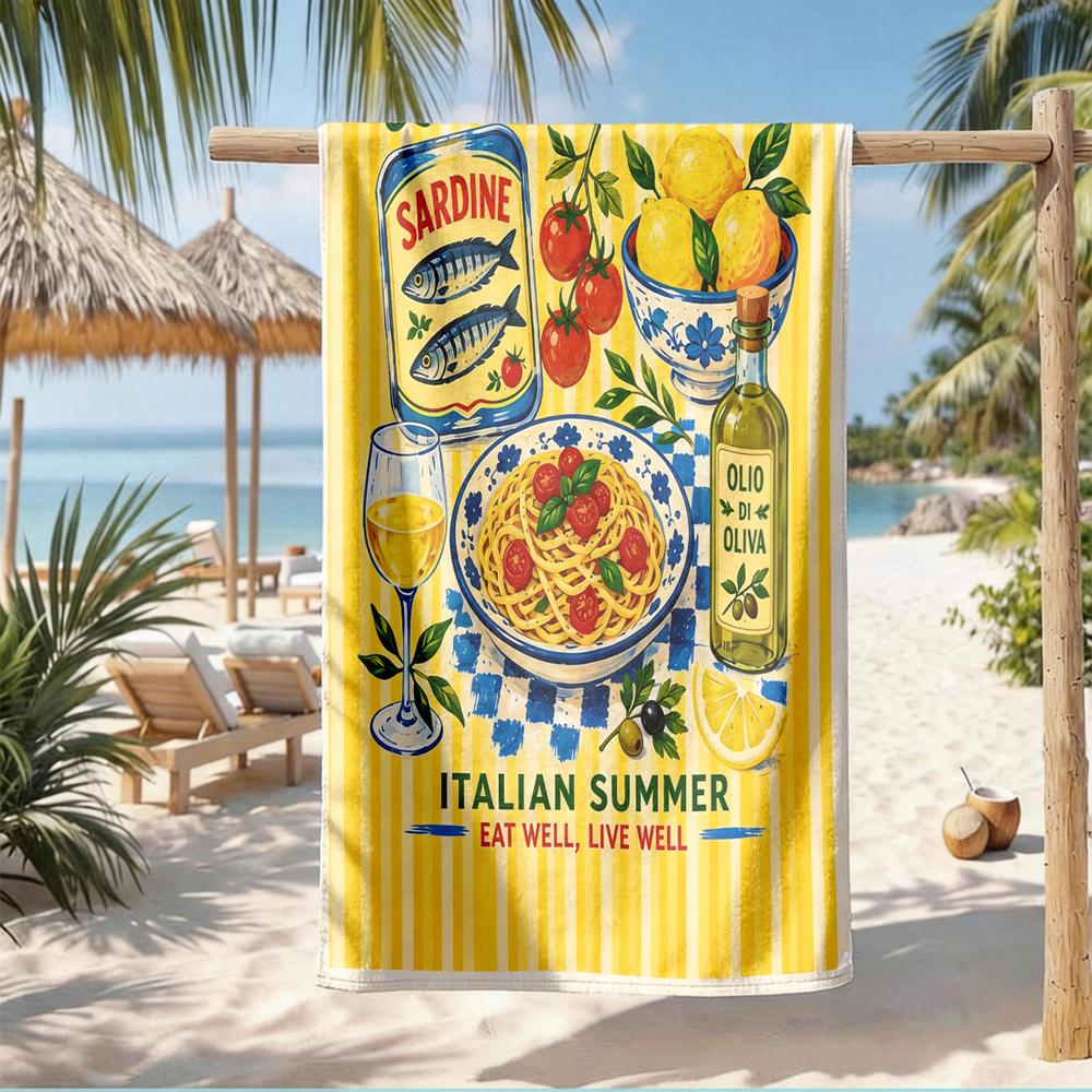 1 peça de Toalhas de Praia Costeiras Retrô Sortidas: La Dolce Vita, Frutos do Mar e Vibe de Verão Toalhas de Praia de Secagem Rápida