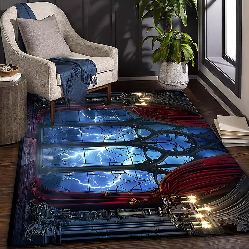 Medieval Castle Patterned Rug, 100% Polyester Washable Lightweight for Living Room Bedroom Patio Decor