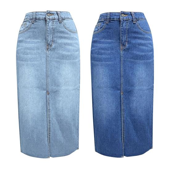 Højtaljet Denim Nederdel Kvinder Sommer Knapper Lynlås Gylp Lommer A-formet Nederdel Midterste Front Slids Design Midi Nederdel Streetwear