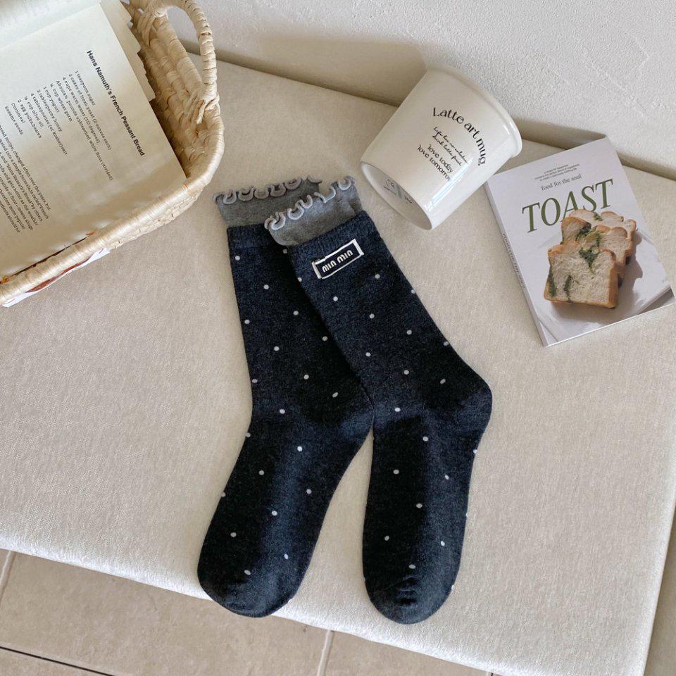 Chaussettes Mi-Mollet à Pois et Dentelle pour Femmes, Style Collège, Début d'Automne