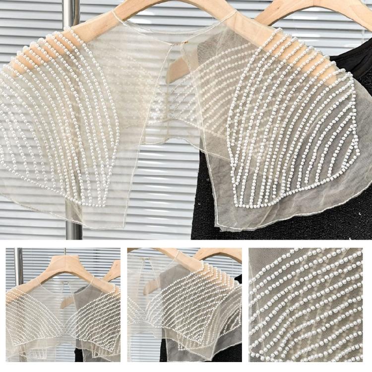 Perspective Sheer Mesh Mini Capelet Women Pearls Beading Fake Collar Shawl Scarf