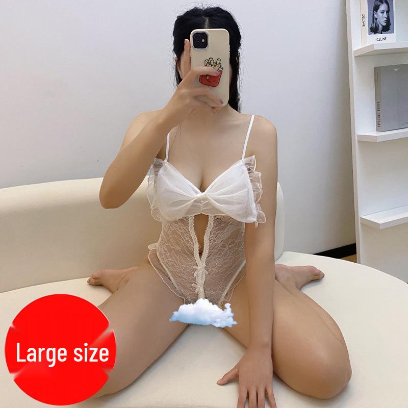 Plus Size Sheer Lace Bodysuit with Open Crotch and Suspenders - Sexy Nightwear Temptation.
