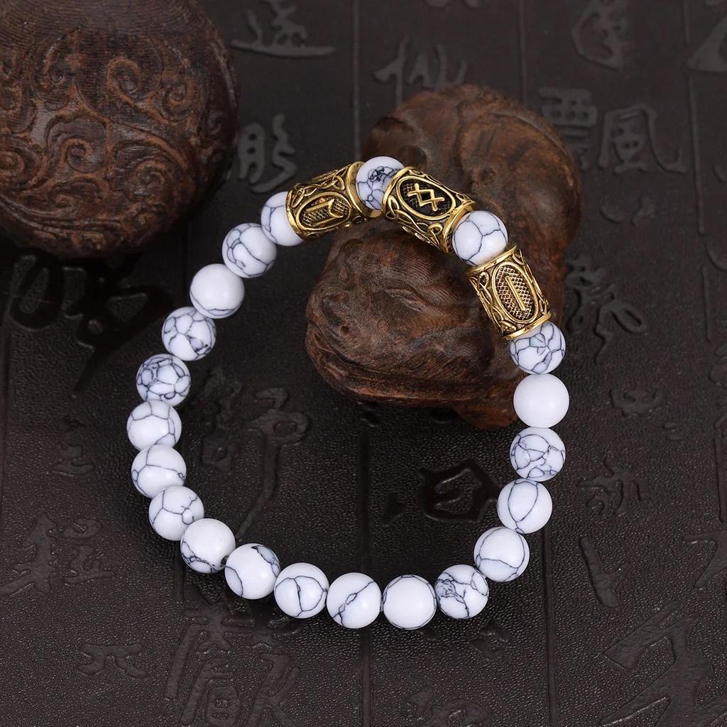 Classic Gold Vikings Runes Bracelet 8Mm Lava Stone Handmade Elastic Jewelry for Women Men