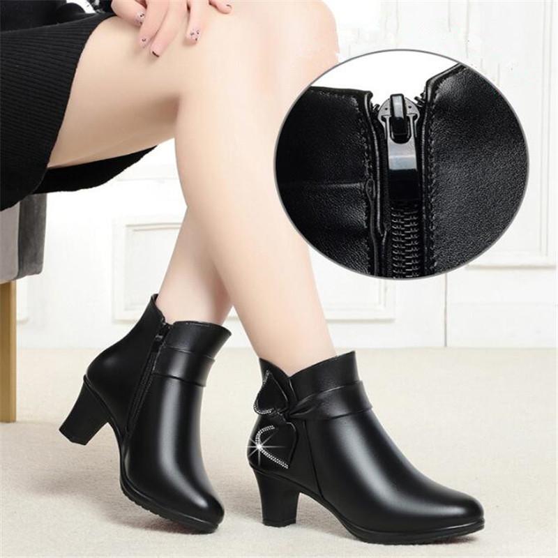 Mode Mode Echtes Leder Damen Stiefeletten Damen Qualität Hohe Absätze Reißverschluss Schuhe Warm Plüsch Winter Damen Stiefel Größe 35-41