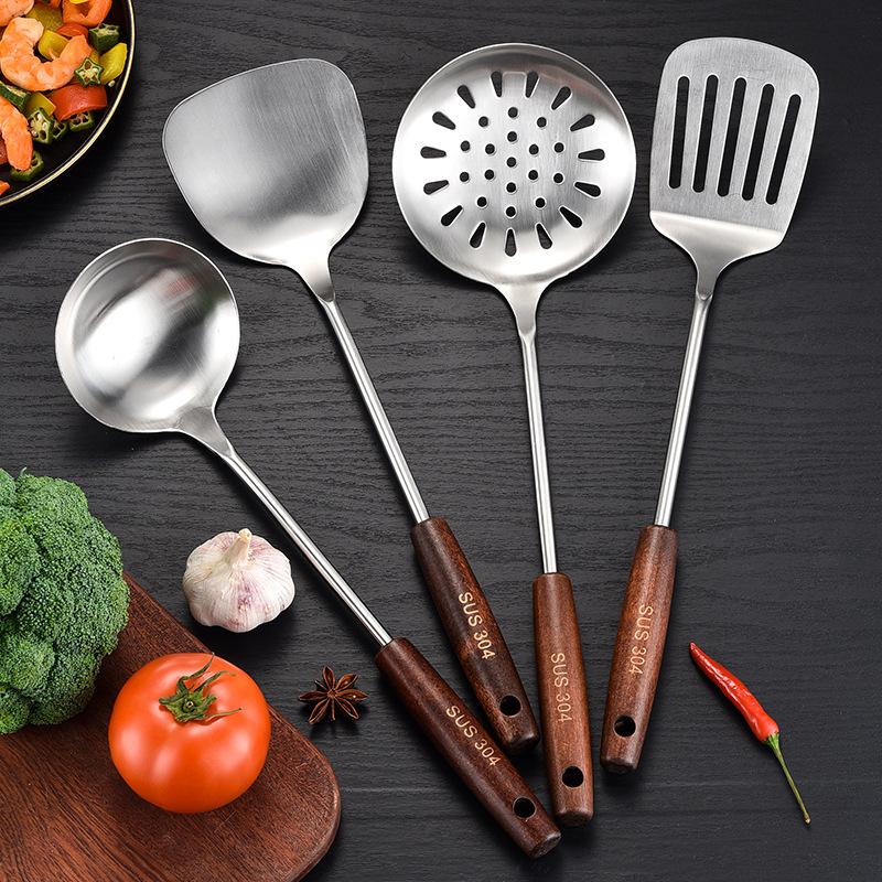 304 Stainless Steel Spatula Ladle Skimmer Set Vintage Wooden Handle High Temp Resistant Kitchen Cooking Utensils