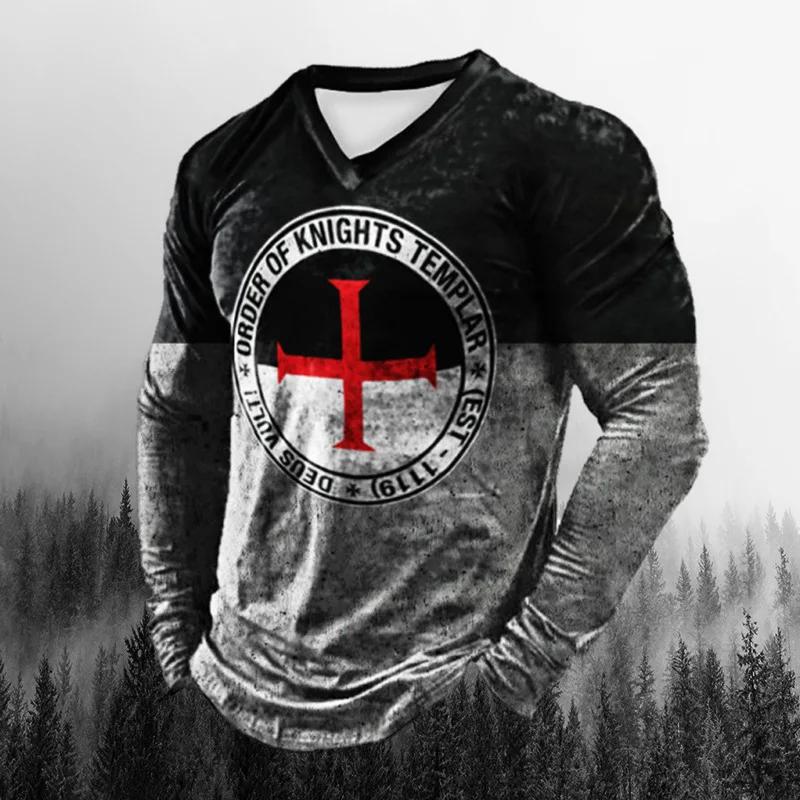 Knight 3D Digital Printing Flag T-shirt Unique Long Sleeve Pullover For Men European Style Cross-country Design