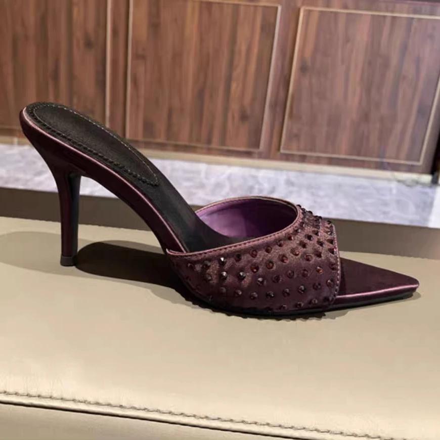 Fashion Pointed Toe High Heels Slippers Women Heeled Sandals Crystal Shoes Sexy 2025 Fashion Summer Open Toe Dress Pumps Party Slides