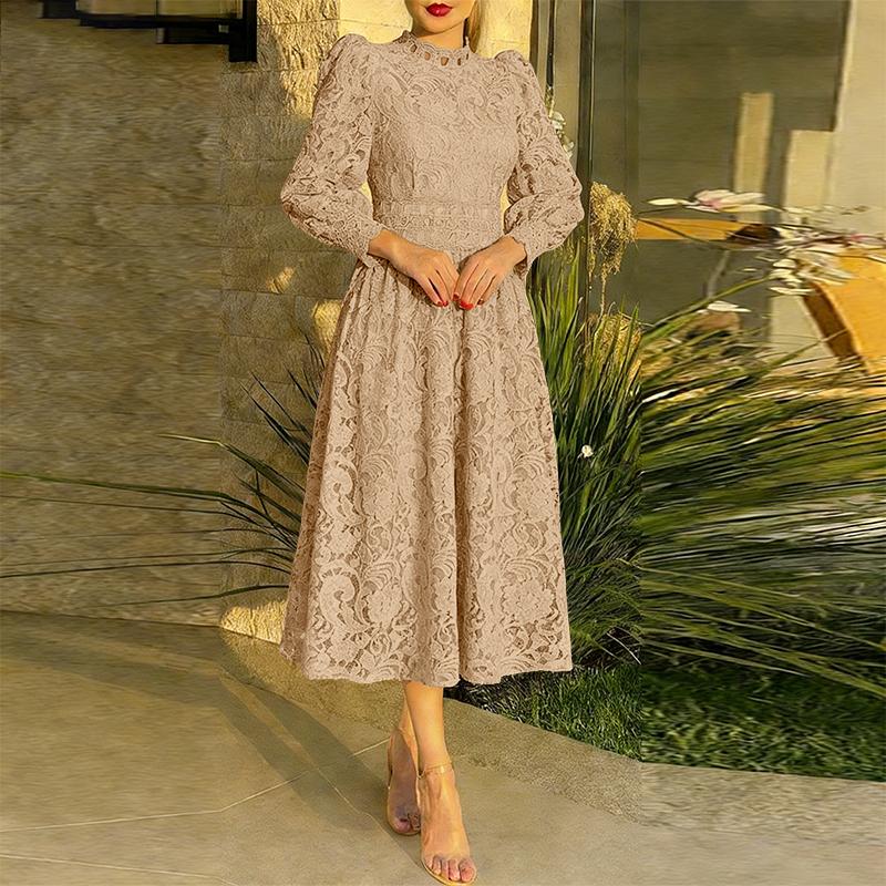 ZANZEA Women Casual Round Neck Long Sleeve Elegant Lace Crochet Patchwork Dress