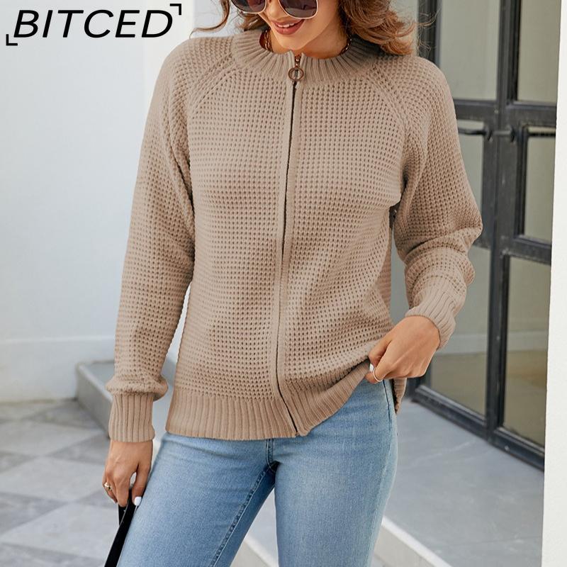 BITCED Autumn/Winter Women's Solid Colour Zip-Up O-Neck Knitted Cardigan