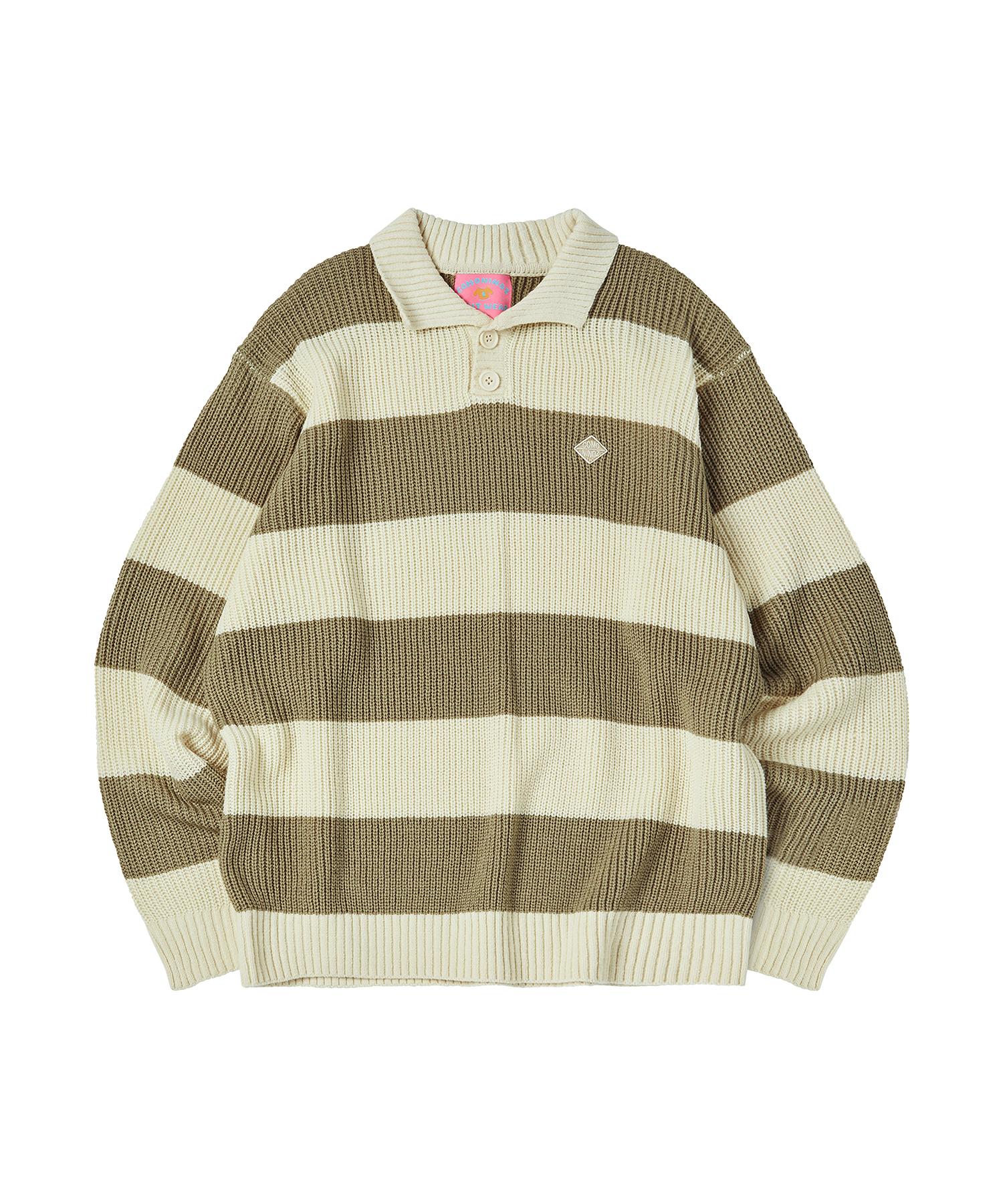 Comoni Nose Bold Stripe Collar Knit [Ivory] Khaki/S