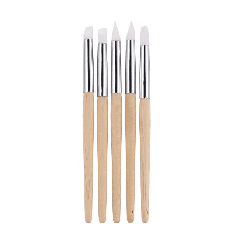 5-Piece Double-Ended Nail Art Tool Set: Silicone Pen, Carving, Press Stickers, Mirror Powder, Dotting, Wood Handle Embossing Pen.