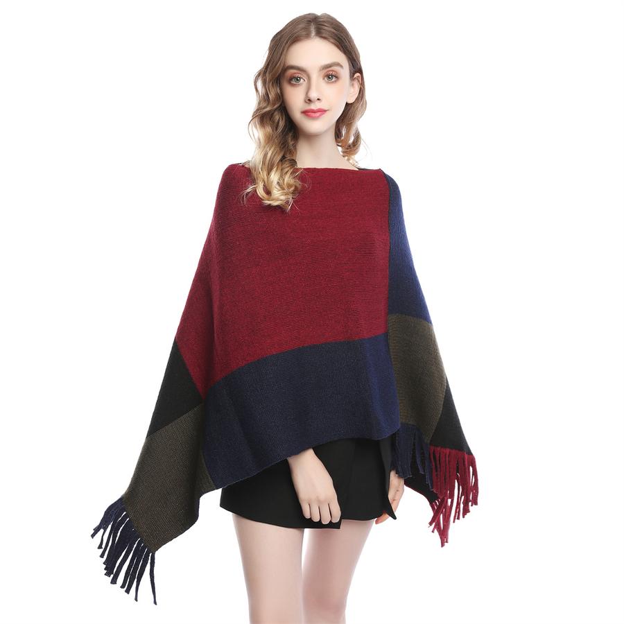 

Cross Stitch Women s Fashion Color Block Patchwork Knit Shawl Cape Cardigan Sweater Outerwear for Fall/Winter One Size темно-червоний колір