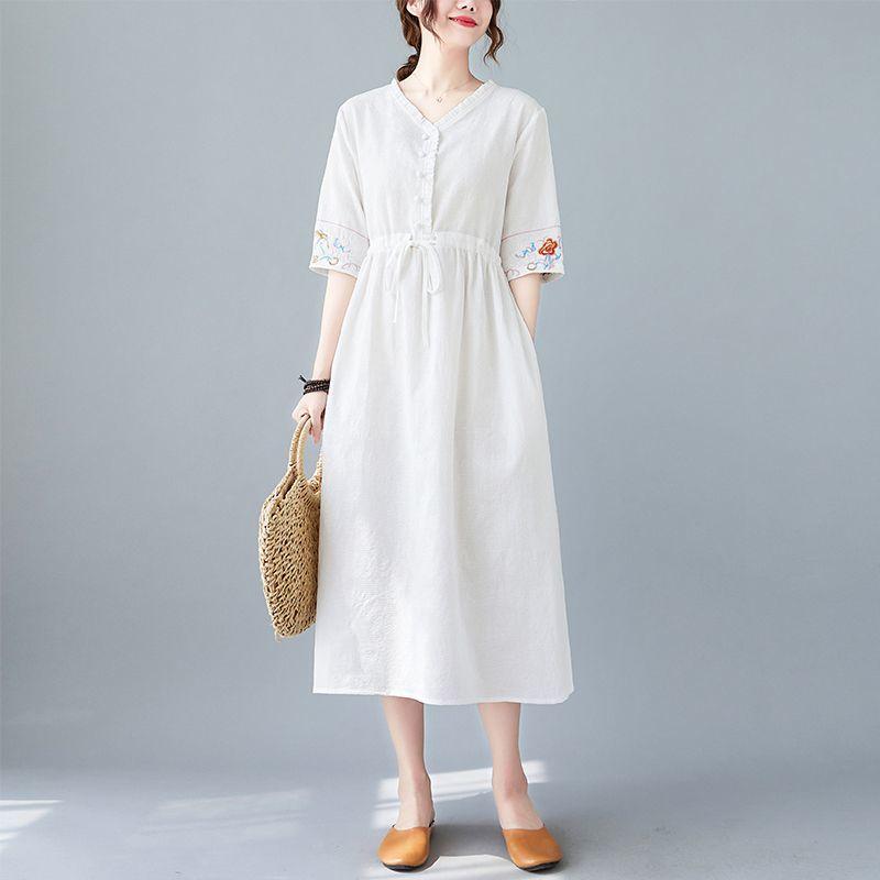 Summer New Fashion Vestidos Women Casual Elegant Cotton Ramie Embroidery Loose Plus Size Vintage Beach Midi Dress M-2XL