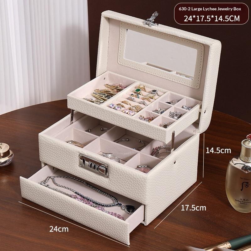 Minimalist High-end Jewelry Storage Box Pu Multi-layer Multi-function Large-capacity Jewelry Box with Mirror and Lock