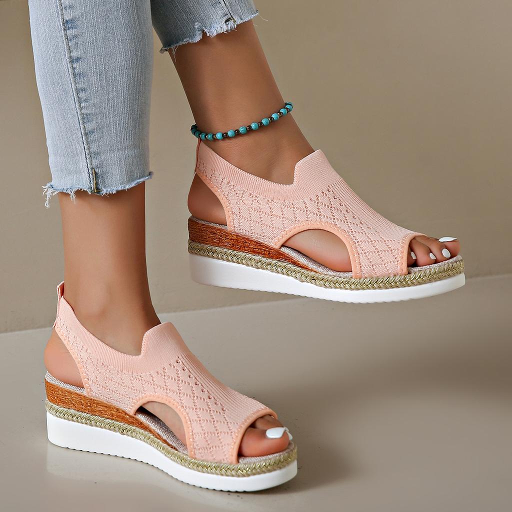 Summer Fly-Woven Muffin Sandals Thick-Soled Breathable Large-Size Wedge Heel Sandals Women