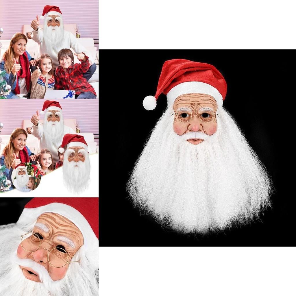 Christmas Latex Santa Claus Cap With White Beard Mask Role Play Fun Props