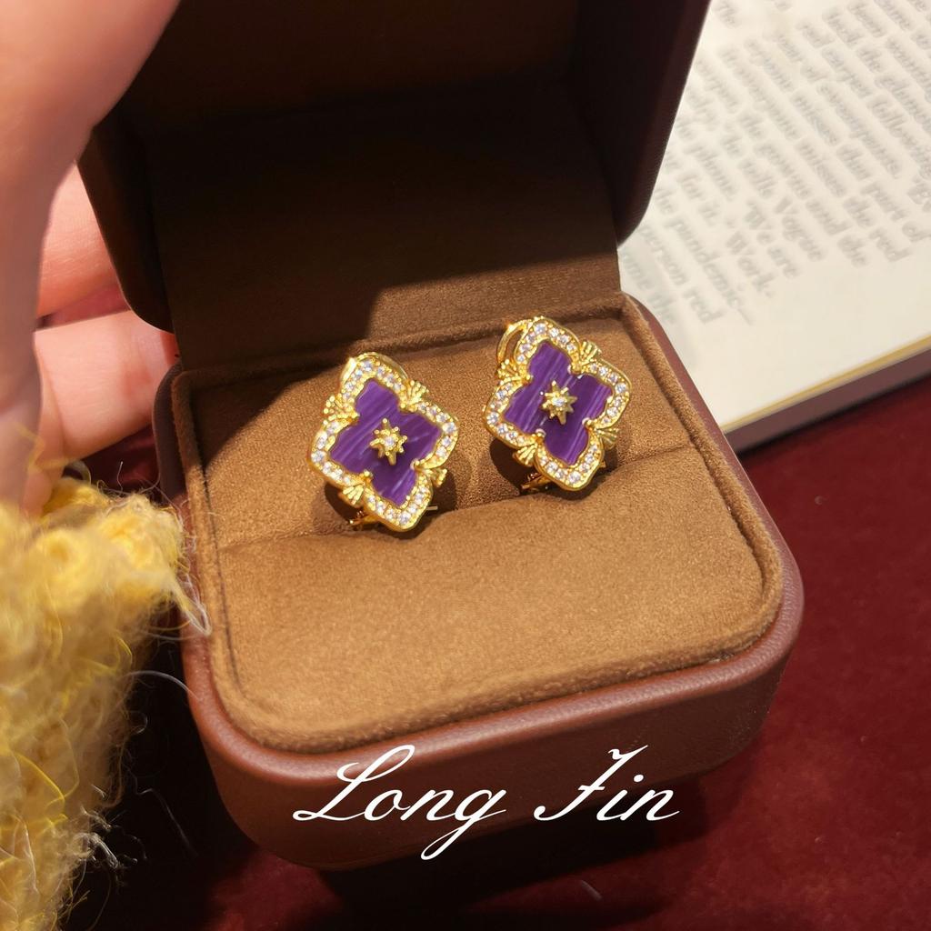 French Retro Four-Leaf Clover Window Grilles, Purple Dragon Crystal Jewelry Set, Necklace, Bracelet, Earrings, And A Ring.