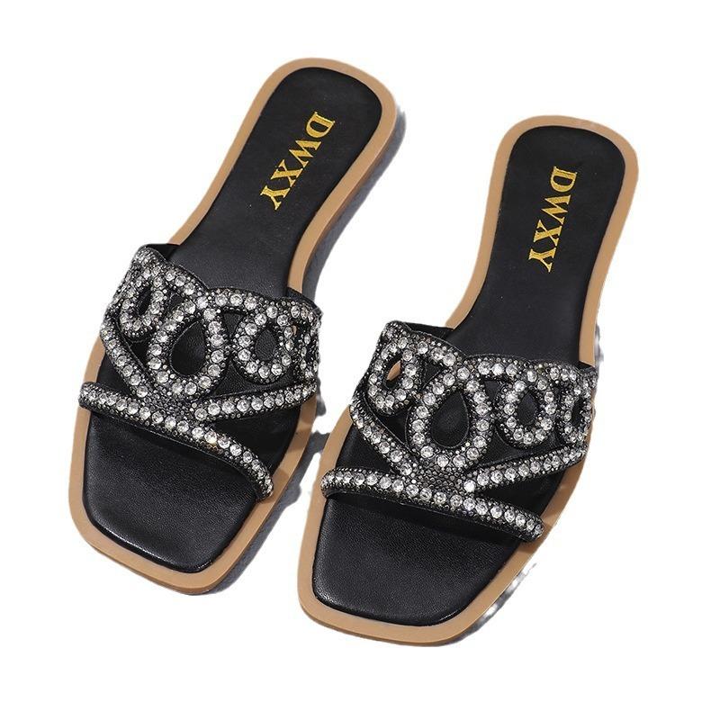 New summer new flat-heeled rhinestone one-word sandals women's leisure vacation beach drag women's drag