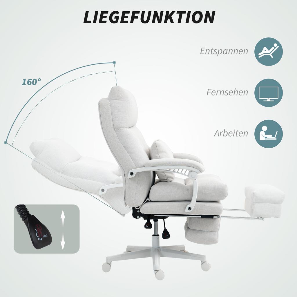 Rolling Chair, Linen Look, Height-Adjustable, 160 Degree Recline, Footrest, Cream White