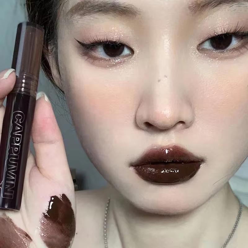 Punk Dark Brown Mirror Water Lip Gloss Red Lip Glaze Transparent Glass Lip Oil Waterproof Liquid Lipstick Clear Tint Makeup