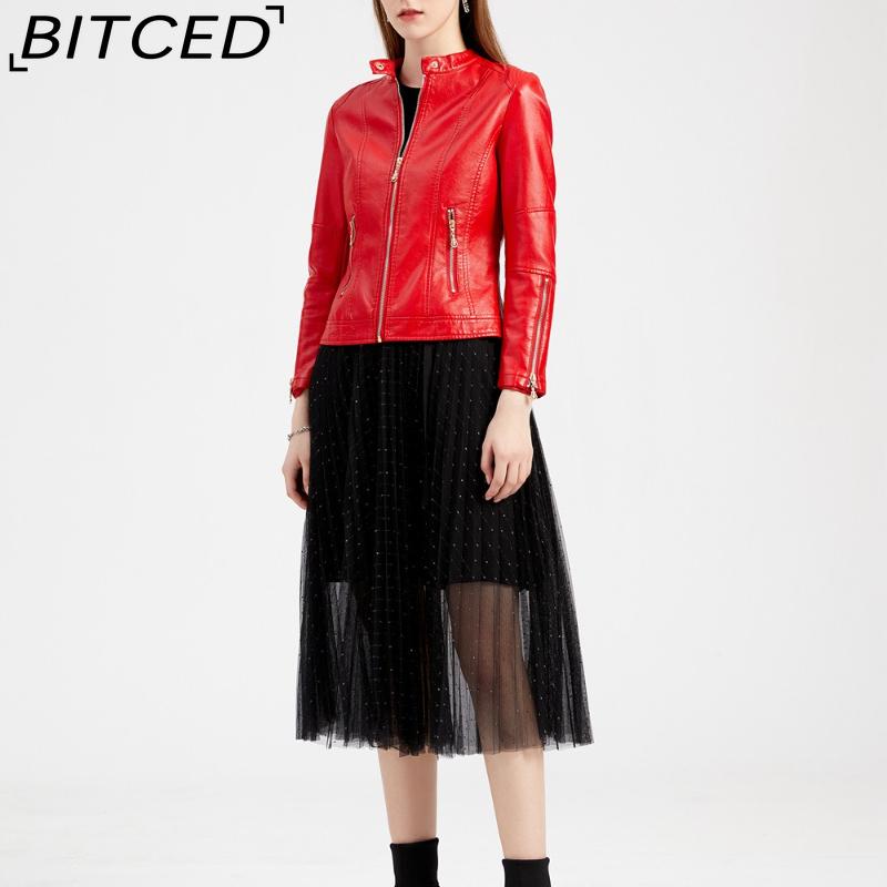 BITCED Fashion Women's PU Leather Short Jacket with Stand Collar Lightweight Spring/Autumn Leather Jacket