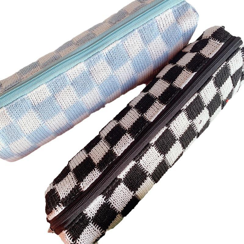 Large-capacity Knitted Pencil Case Korean Version of Ins Checkerboard High-value Student Stationery Box Simple Pencil Case