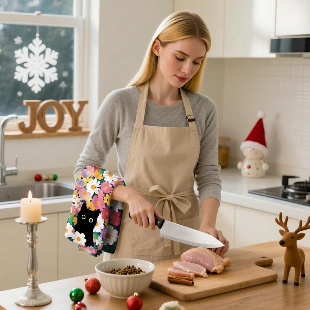 Black Cat Floral Kitchen Towels - Set of 2 Flower Cat Dish Towel for Kitchen Drying, Soft Absorbent Cute Dish Towels Cats Spring, Black Cats Flower