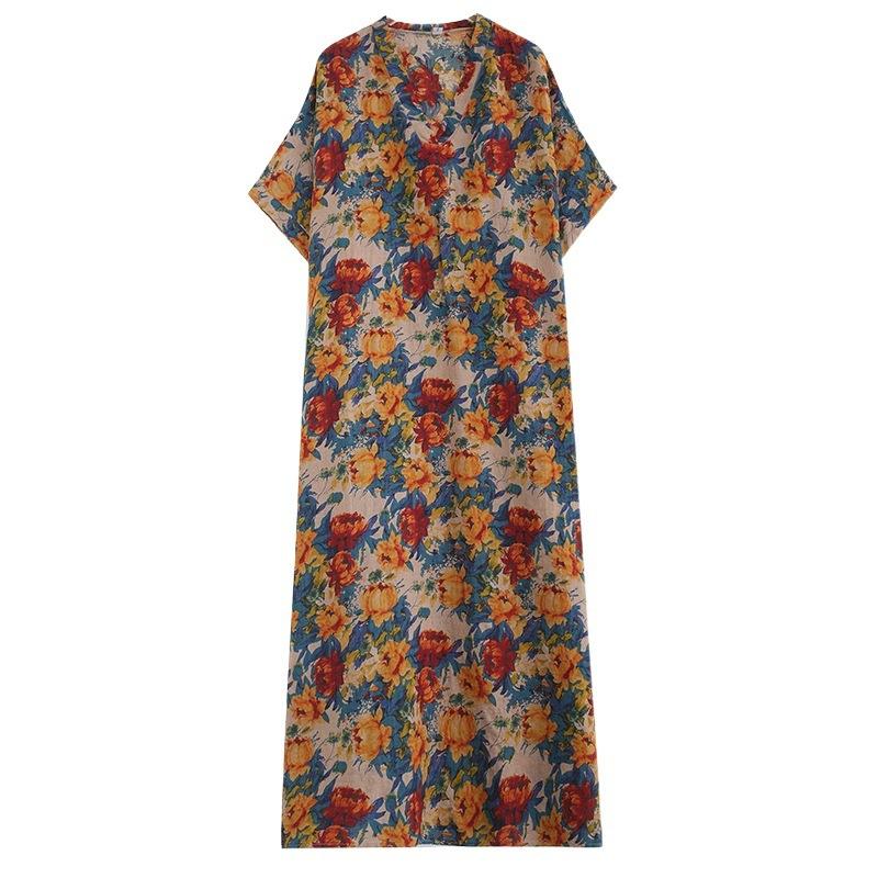 Letní tenké plážové šaty z bavlny a lnu s výstřihem do V. Velké volné plážové šaty v retro stylu