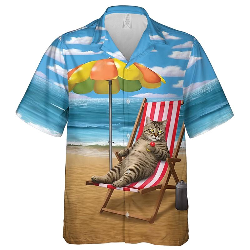 Camisas de Hombre con Estampado 3D de Gato Divertido Animal Ropa Hawaiana de Moda Camisa Manga Corta Blusas Casuales Abotonadura Sencilla Tops de Hombre con Gatos