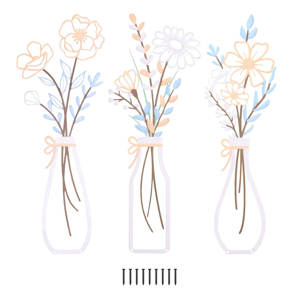 3Pcs Metal Flowers Wall Art Exquisite Metal Vase Wall Decor Floral Ornaments Rustic Farmhouse Decor for Living Room Bathroom