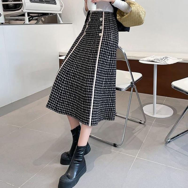 Клетчатая юбка средней длины для женщин осенью и зимой Высокая талия средней длины — фото 5
