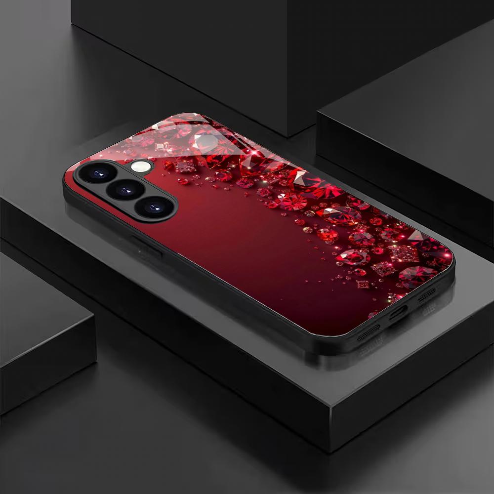 Red Diamond Patterned Glass Phone Case Suitable for Samsung Galaxy S26 S25 S24 S23 S22 S20 FE/Ultra/Plus5G Anti Drop Back Cover