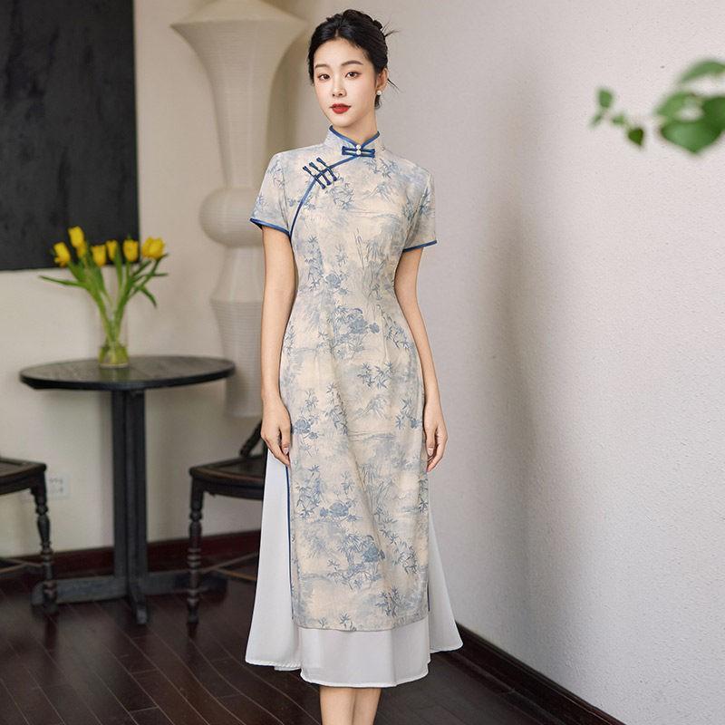 Slim Fit Modern Cheongsam Dress Women 2026 Lightweight Floral Jacquard Sleeveless Stand Collar Daily Wear Small