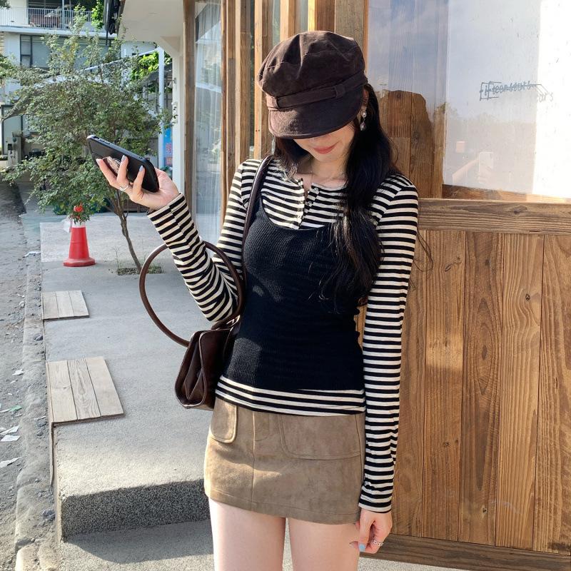 Women's High-End Lyocell Tencel Stripe Henley Neck Slim Fit Long Sleeve Top for Autumn/Winter