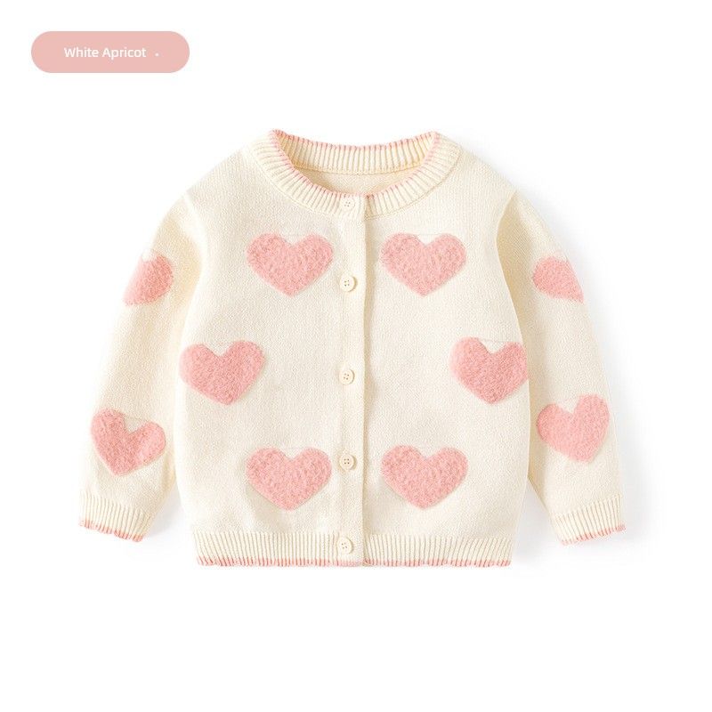 Spring and Autumn Kids Heart Combed Cotton Long Sleeves Sweater Girl Fleece-lined Cardigan Top Baby Girl Knitwear Outwear