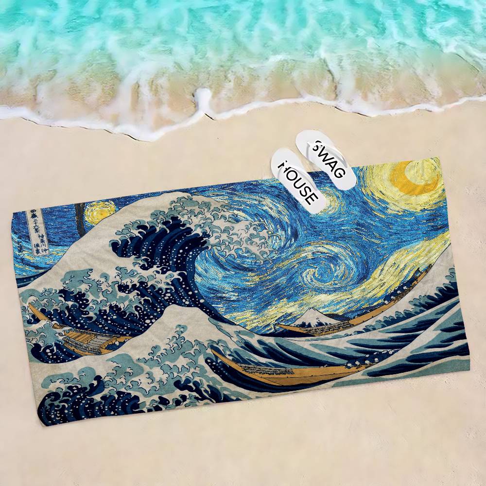 Japanese Wave Art Bath Towel Microfiber Soft Water Absorbing Breathable For Girl Kids Decorative Cartoon Beach Towel