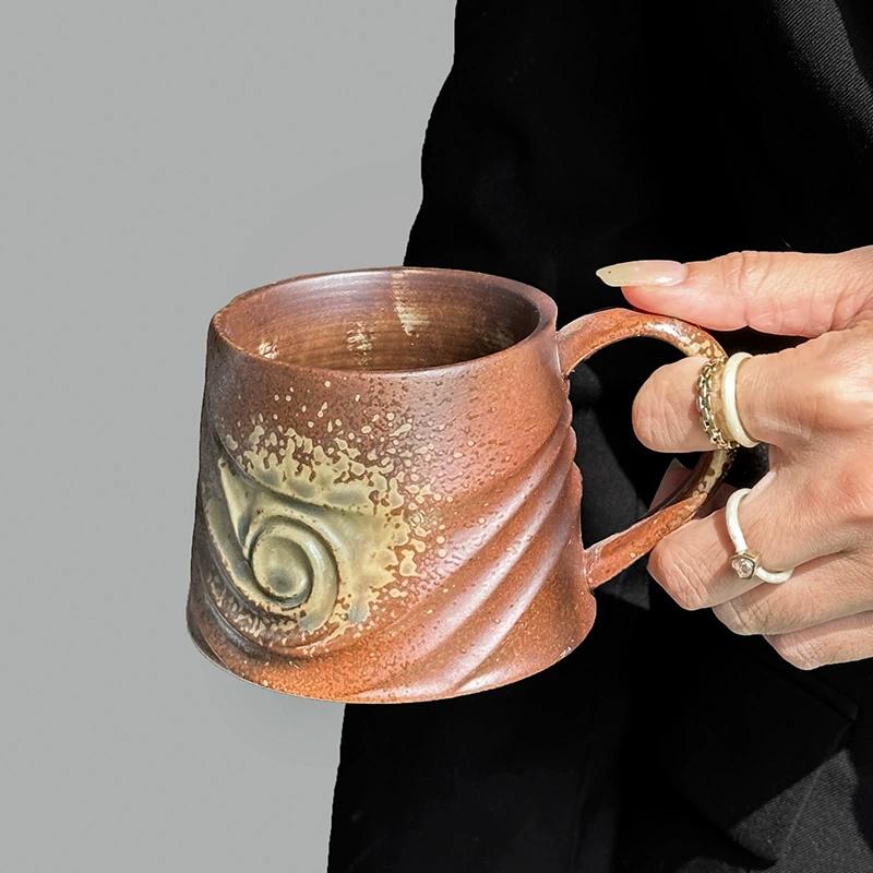 Coarse Ceramic Coffee Mugs, 320ml, Large Capacity, Wide Bottom, Transmutation Glaze Craft, Handmade Pottery Mug, Tea Cups with Hemp Rope Handle