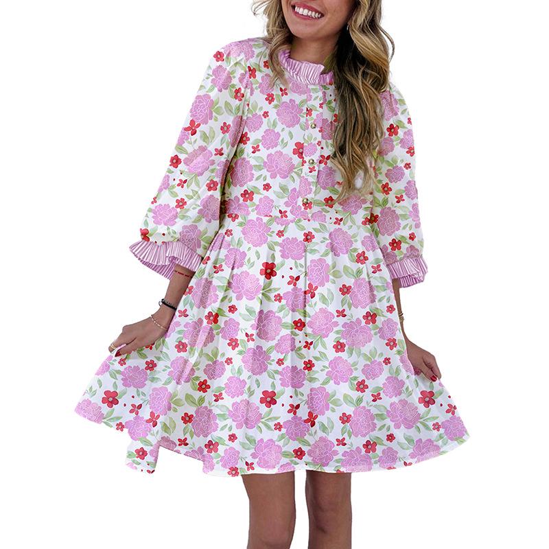 Spring 2026 Floral Print Ruffled Mini Skirt Dress - Women s European American Fashion Design Large