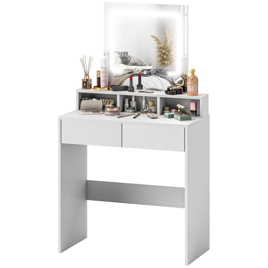 Storage Dressing Table, with LED Light Mirror - White