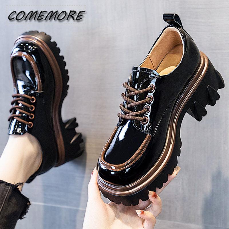 British Style Chunky Platform Pumps Casual Women's  Autumn Lace Up Thick Heels Loafers Woman Round Toe Patent Leather Shoes