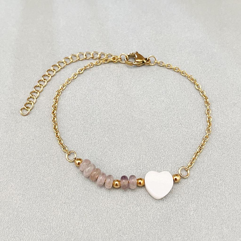 Elegant 18k Gold-Plated Stainless Steel Bracelet with Natural Stone Inlay - Trendy and Fade-Resistant for Women