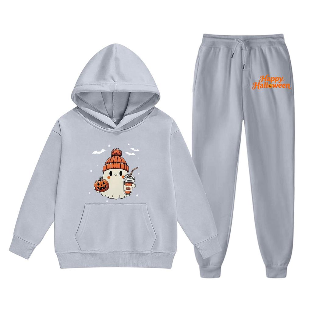 Kids Halloween Hoodie Set with Graphic Print Pullover Sweatshirt and Matching Pants Comfortable Casual Outfit for Boys and Girls